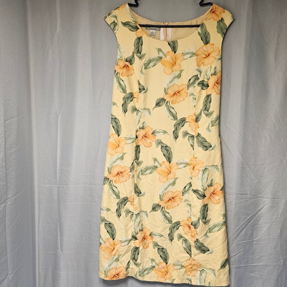 Vintage 1990s‎ Tommy Bahama Sheath Dress Womens 8 Yellow Silk Hibiscus Floral